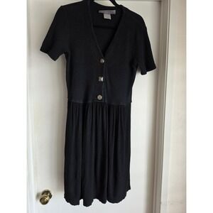 Vintage Barbara Lesser Dress M Black Mixed Fabric Made in USA Artsy Buttons